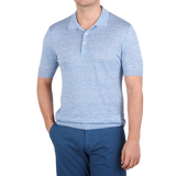 Gran Sasso Light Blue Melange Pure Linen Polo Shirt Front