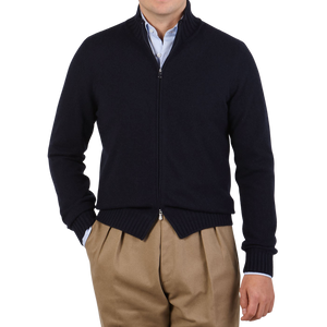 Gran Sasso Navy Blue Felted Cashmere Zip Cardigan Front