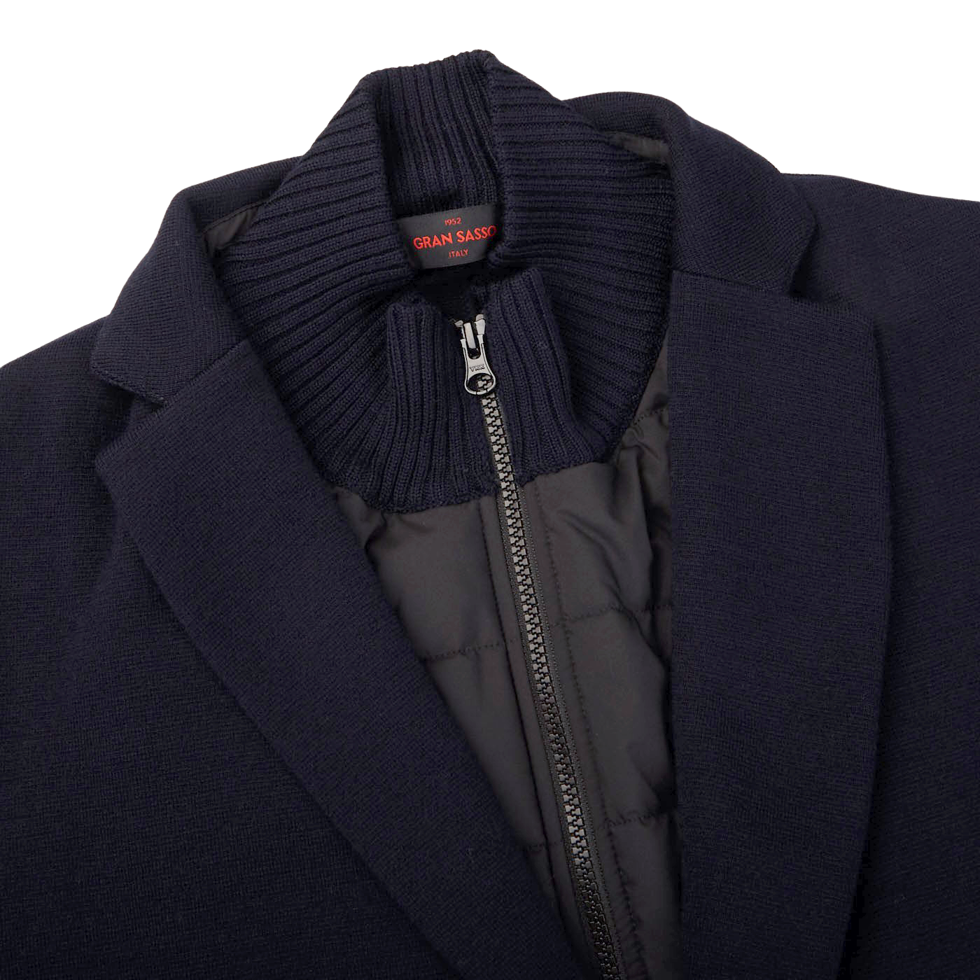 A Gran Sasso Navy Blue Rain Wool Knitted Jacket with a zipper on the front.