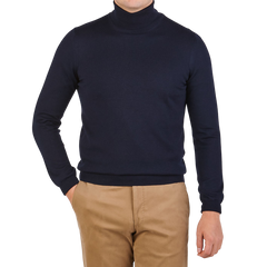 Gran Sasso Navy Extra Fine Merino Roll Neck Front