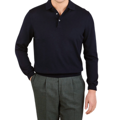 Gran Sasso Navy Extra Fine Merino Wool Polo Shirt Front