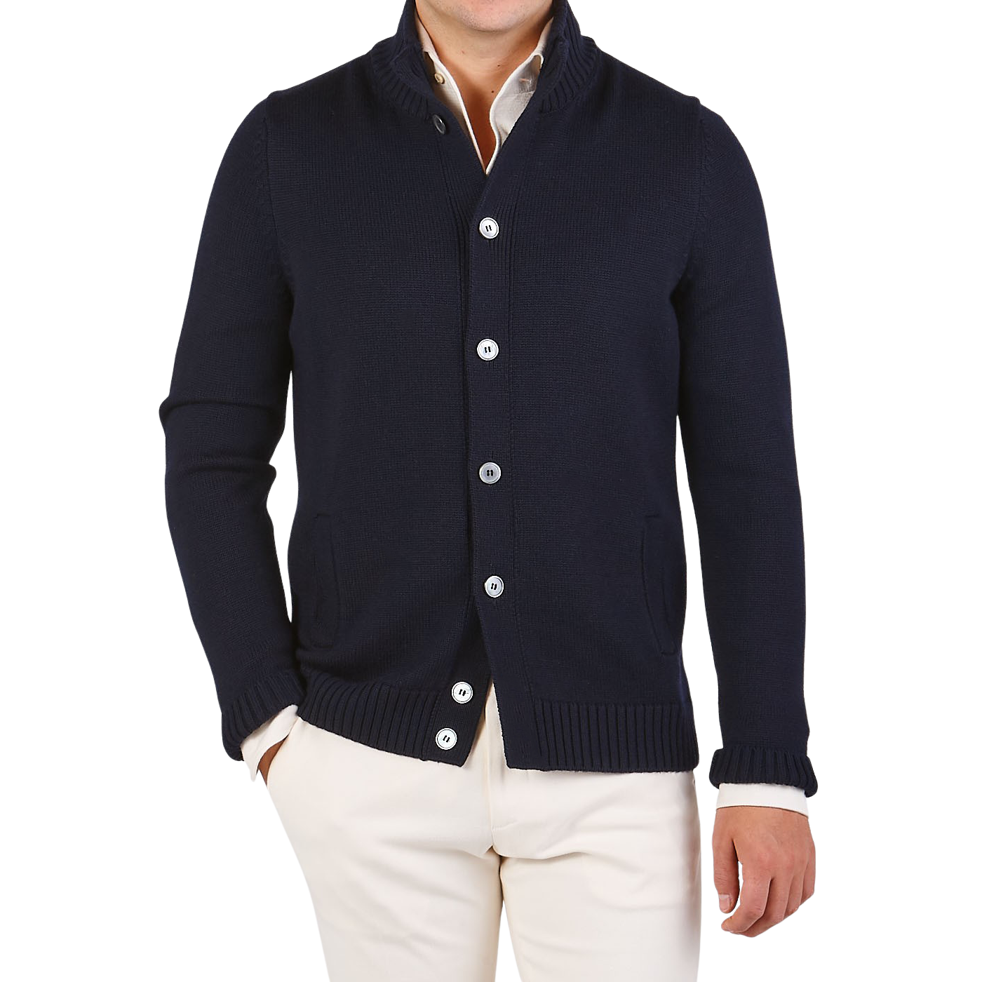 Gran Sasso Navy Merino Wool Button Cardigan Front