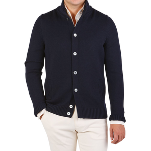 Gran Sasso Navy Merino Wool Button Cardigan Front