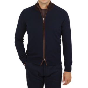 Gran Sasso Navy Merino Wool Zip Cardigan Front
