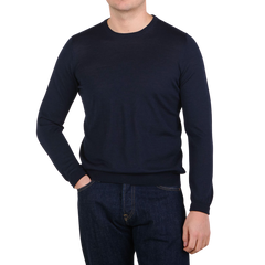 Gran Sasso Navy Wool Silk Crew Neck Sweater Front