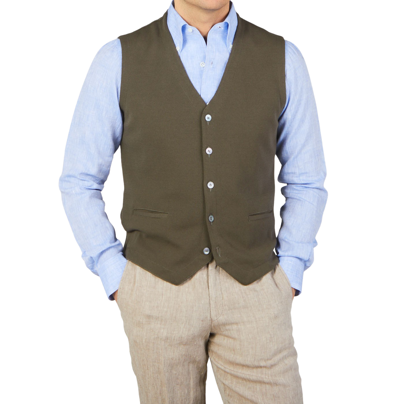 Gran Sasso Olive Green Fresh Cotton Knitted Waistcoat Front