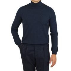 Gran Sasso Petrol Blue Merino Wool Roll Neck Front