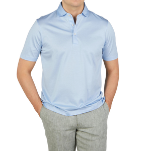 Gran Sasso Sky Blue Cotton Filo Scozia Polo Shirt Front1