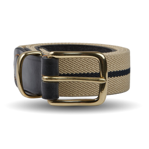 Hardy & Parsons Beige Striped Canvas Black Leather 35mm Belt Feature