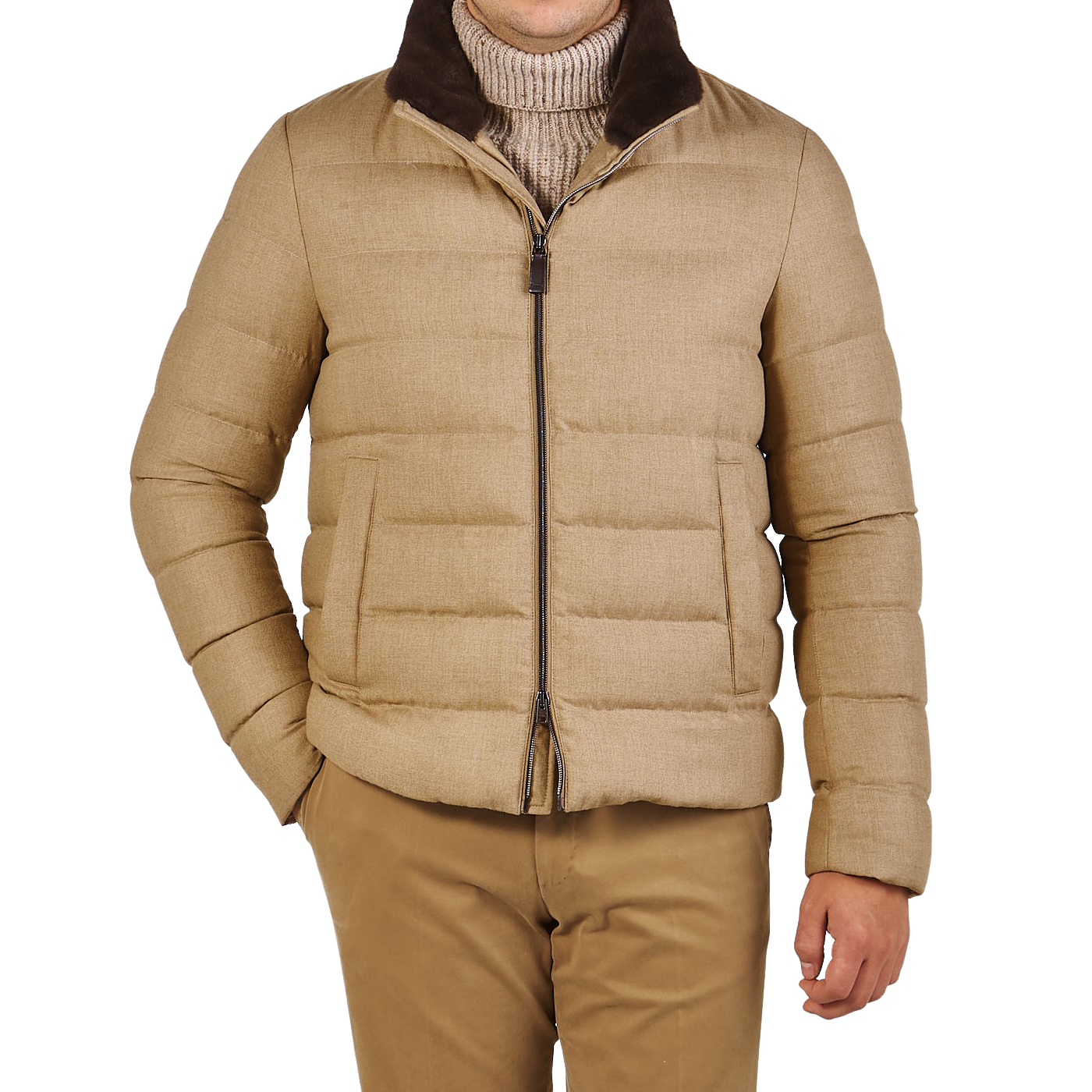 Herno Camel Quilted Fur Collar Norfolk Jacket Front