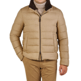 Herno Camel Quilted Fur Collar Norfolk Jacket Front