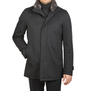 Herno Charcoal Wool Twill Beaver Collar Jacket Front