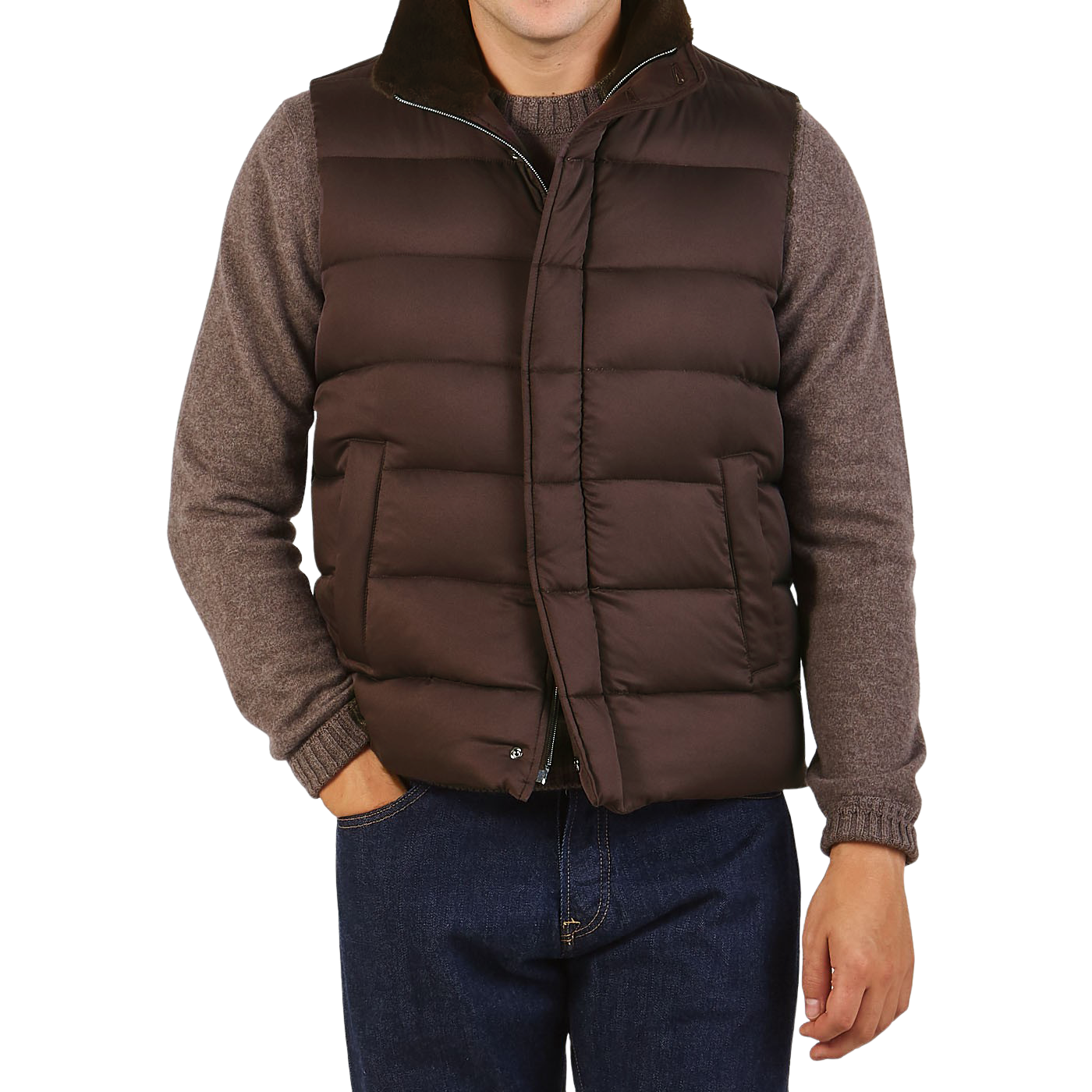 Herno Dark Brown Technical Nylon Polar Tech Gilet Front