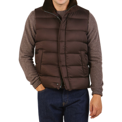 Herno Dark Brown Technical Nylon Polar Tech Gilet Front