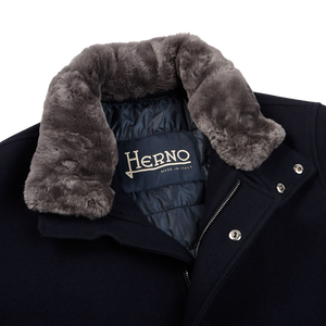 Herno Navy Diagonal Wool Fur Car Coat Collar