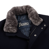 Herno Navy Diagonal Wool Fur Car Coat Collar