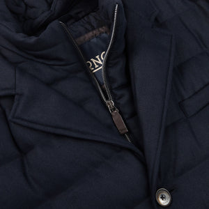 Herno Navy Wool Norfolk Down Padded Blazer Jacket Open