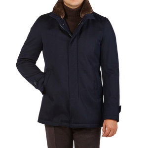 Herno Navy Wool Twill Beaver Collar Jacket Front