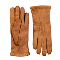 Hestra Cork Peccary Handsewn Cashmere Gloves on a grey surface.