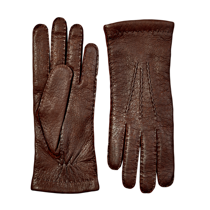 A pair of longlasting Hestra Siena Cashmere Lined Peccary Handsewn Gloves.