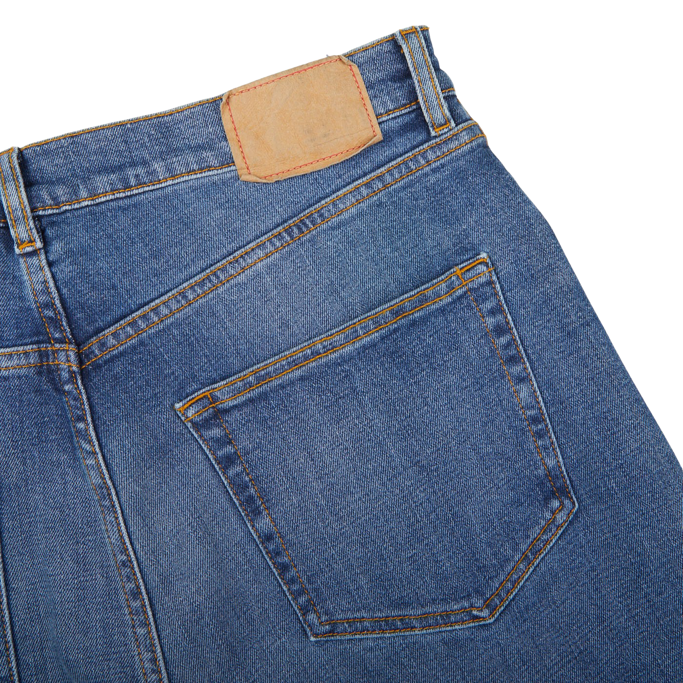 The back pocket of a pair of Jeanerica Blue Mid-Vintage Cotton TM005 Jeans.