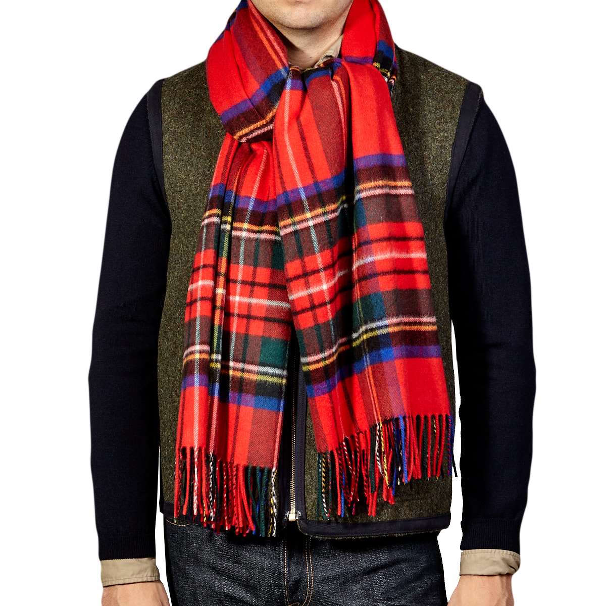 A man wearing a Red Checked Royal Stewart Cashmere Scarf by Johnstons of Elgin.