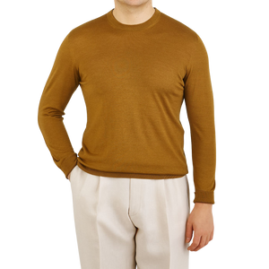 Johnstons of Elgin Mustard Yellow Cashmere Silk Crew Neck Front