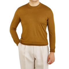 Johnstons of Elgin Mustard Yellow Cashmere Silk Crew Neck Front