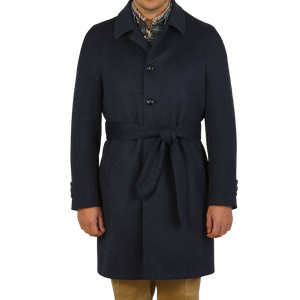 Luigi Bianchi Blue Wool Cashmere Hydro Tech Raglan Coat Feature1