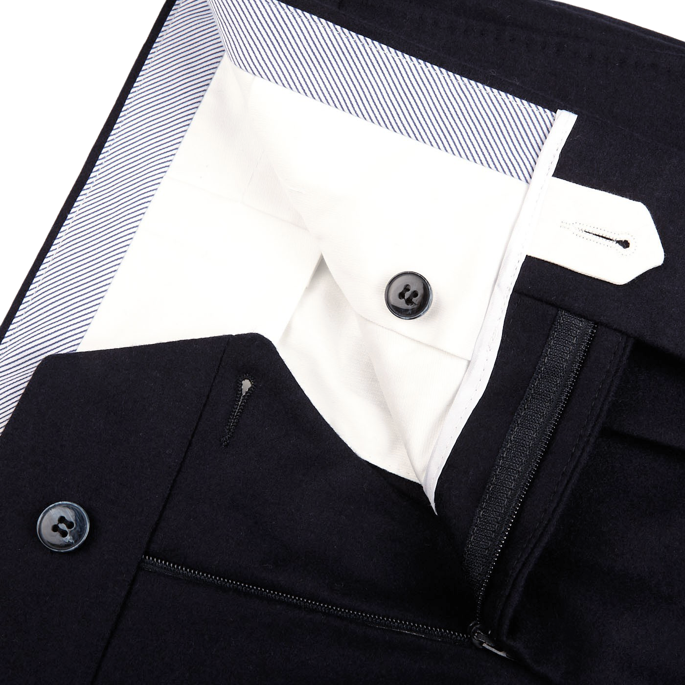Luigi Bianchi Navy Wool Flannel Pleated Trousers Zipper