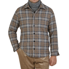 Maurizio Baldassari Beige Grey Checked Baby Alpaca Wool Overshirt Front