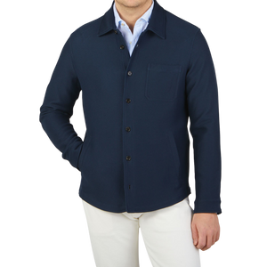 Maurizio Baldassari Navy Blue Cotton Cashmere Mesh Overshirt Front