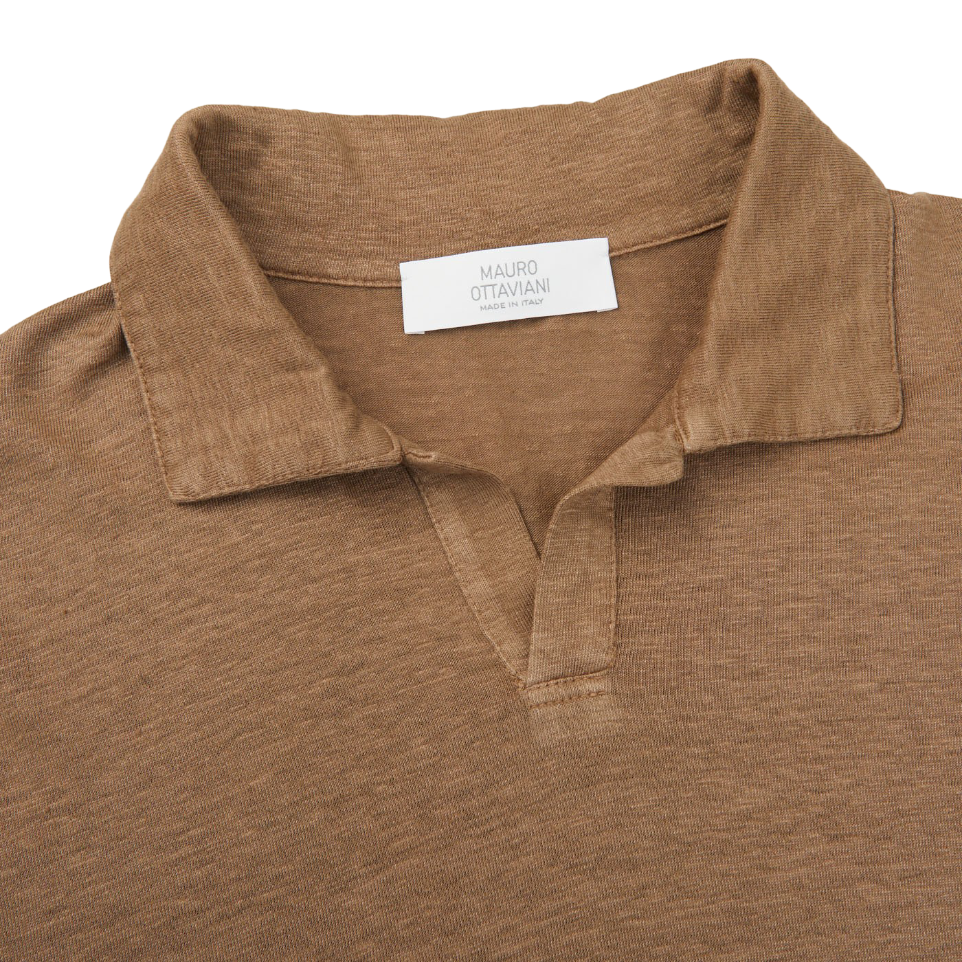 Mauro Ottaviani Cinnamon Brown Washed Linen Polo Shirt Collar