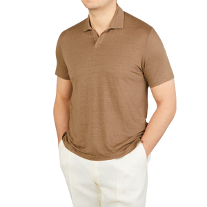 Mauro Ottaviani Cinnamon Brown Washed Linen Polo Shirt Front1