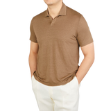 Mauro Ottaviani Cinnamon Brown Washed Linen Polo Shirt Front1