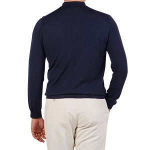 Mauro Ottaviani Dark Blue 16 Gauge Merino Wool Polo Shirt Back