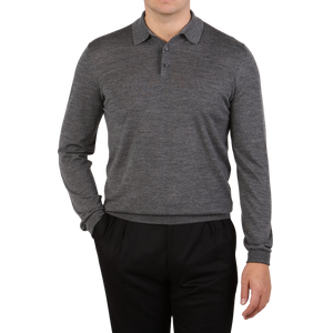 Mauro Ottaviani Grey Melange 16 Gauge Merino Wool Polo Shirt Front