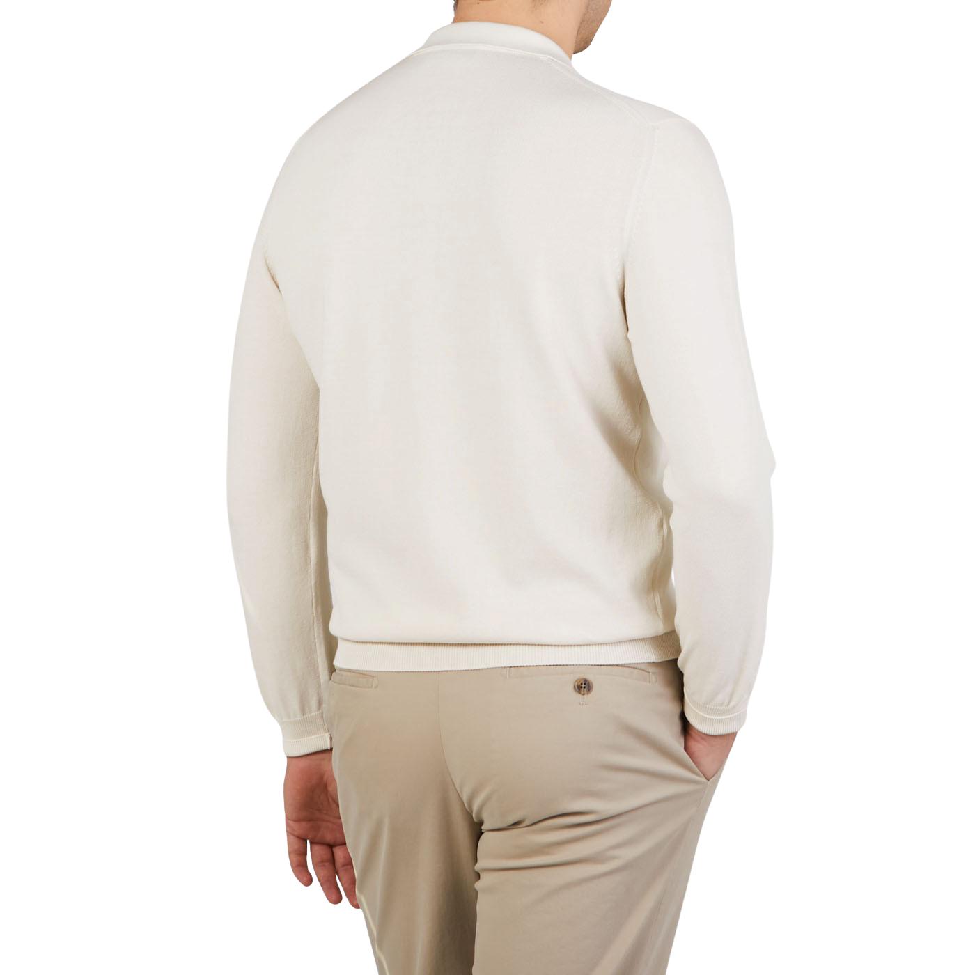 The back view of a man wearing a Mauro Ottaviani Light Beige Supima Cotton LS Polo Shirt and tan pants.