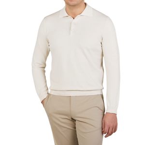 Mauro Ottaviani Light Beige Supima Cotton LS Polo Shirt Front1