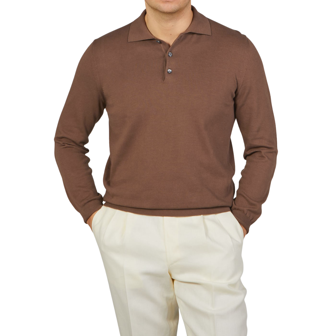 Mauro Ottaviani Light Brown Supima Cotton LS Polo Shirt Front1