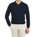 Mauro Ottaviani Navy Blue Cotton Long Sleeve Polo Shirt Front