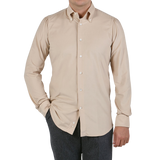 Mazzarelli Beige Cotton Corduroy BD Slim Shirt Front