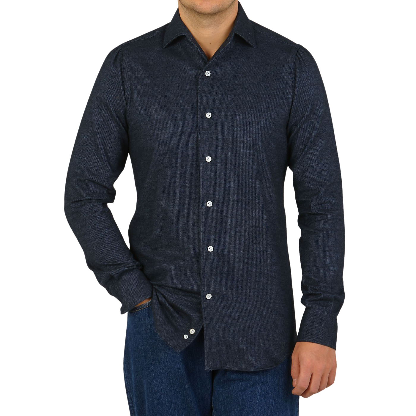 Mazzarelli Blue Melange Brushed Cotton Slim Shirt Front