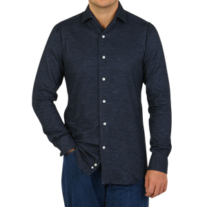 Mazzarelli Blue Melange Brushed Cotton Slim Shirt Front