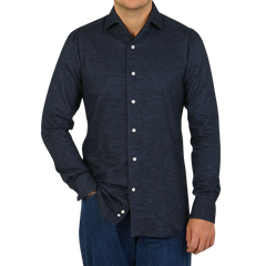 Mazzarelli Blue Melange Brushed Cotton Slim Shirt Front