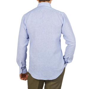 Mazzarelli Blue Striped Organic Linen BD Slim Shirt Back