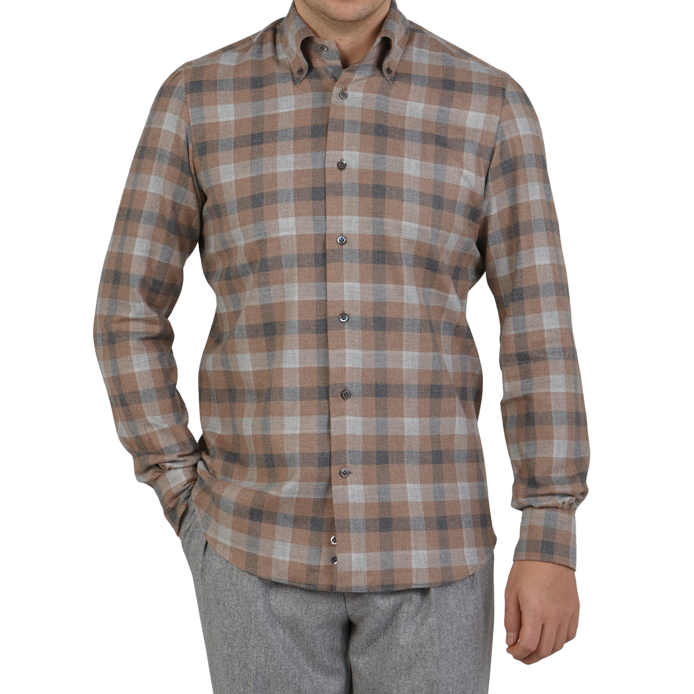 Mazzarelli Brown Checked Brushed Cotton BD Regular Shirt Front