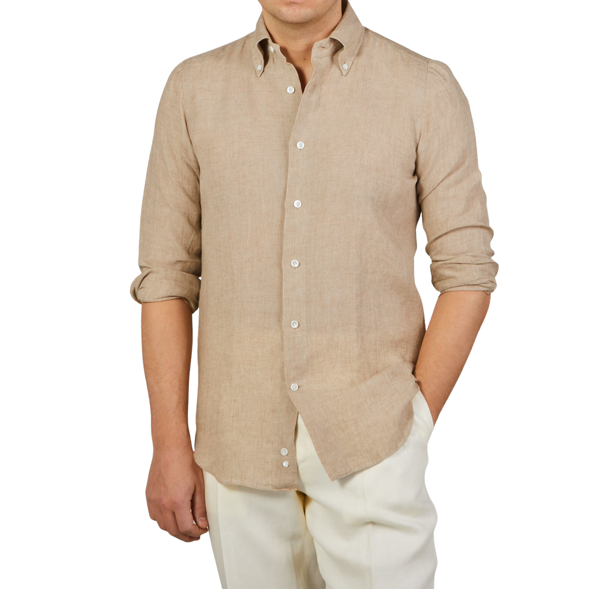 Mazzarelli Khaki Beige Washed Linen BD Slim Shirt Front