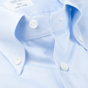 A close up of a Light Blue Royal Oxford BD Slim Shirt with buttons from Italian shirtmaker Mazzarelli.
