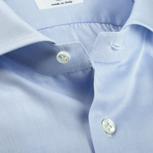 Mazzarelli Light Blue Cotton Twill Cut Away Slim Shirt Open